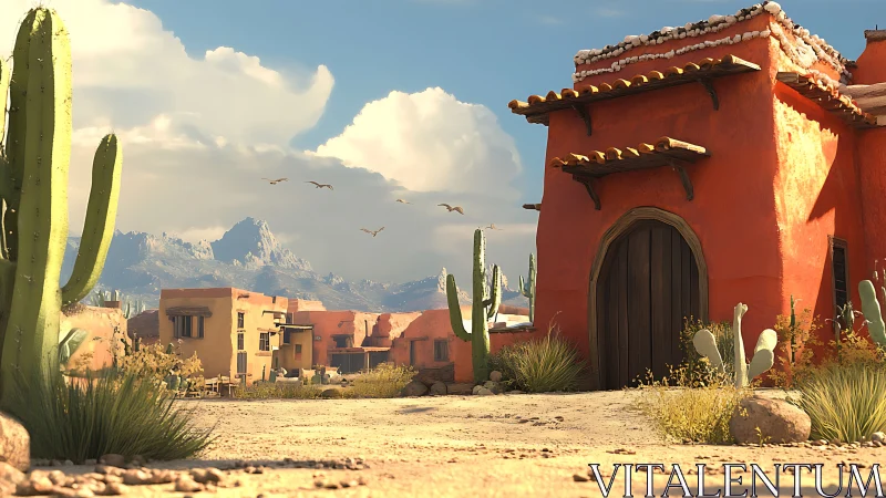 Sunlit Desert Hacienda with Cacti Mountains and Adobe Architecture
