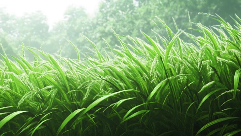 Dense green grass with seed heads under soft daylight.