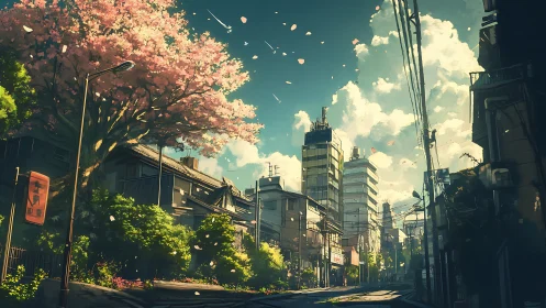 Cherry blossom-lined urban street under dramatic spring sky