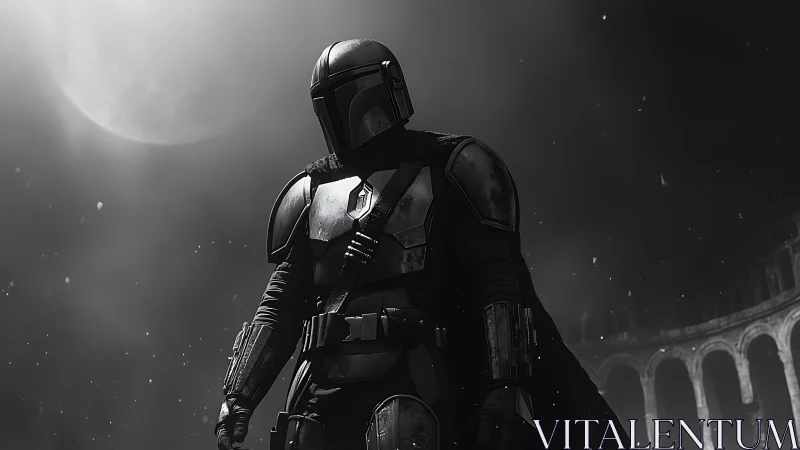 Armored sci-fi warrior under moonlit ruins in grayscale.