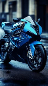 Photorealistic blue superbike on wet urban street at dusk.