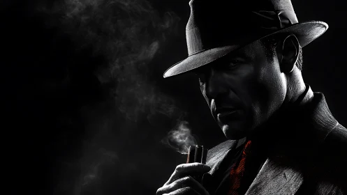 Noir style man in fedora smoking in dramatic shadow.