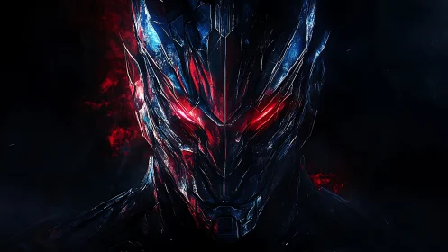 Chrome-plated cybernetic war mask radiates hostile red glare