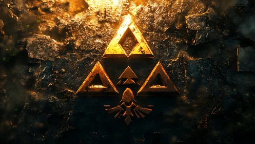 Golden triangular crest glows over dark stone wall.