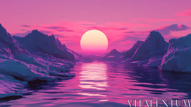 Neon magenta polar seascape with low sun and reflective water