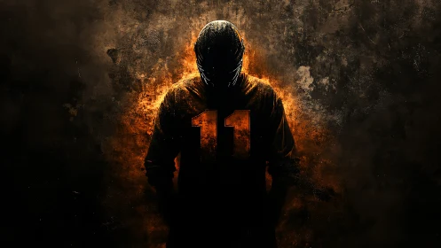 Silhouetted football player number eleven in fiery glow.