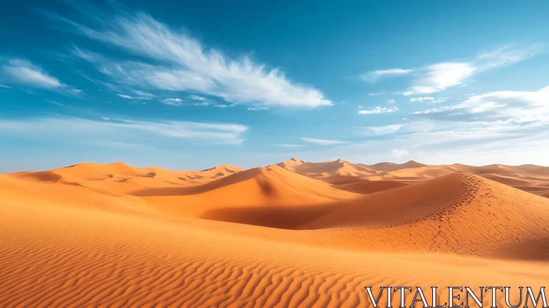 Sunlit desert dunes with wind-carved patterns and vivid sky.
