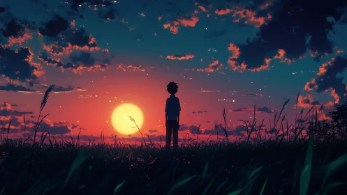 Solitary silhouette under vivid anime sunset sky.