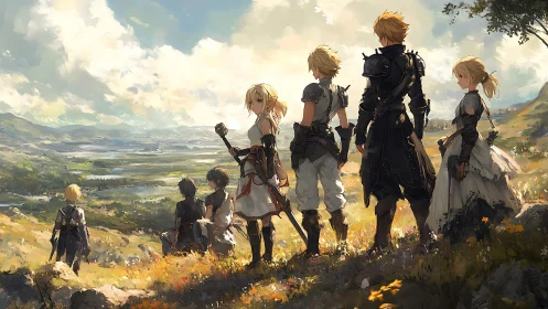 Fantasy expedition party surveying sunlit river valley.