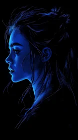 Luminous blue profile portrait glows against deep black void.