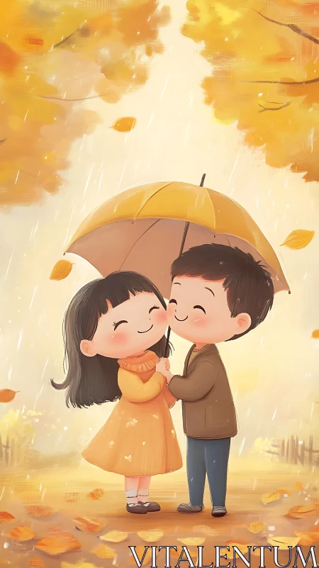 Autumn Rain Romance: Two Hearts Sheltered by Golden Light.