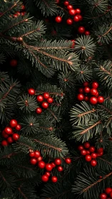 Conifer needle matrix with clustered red berry highlights.
