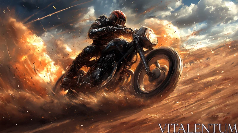 Motorcyclist carves burning sand trail through stormy desert