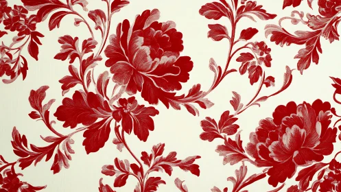 Red floral pattern with large blossoms on cream background.