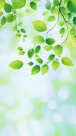 Spring green leaves on soft bokeh background illustration.