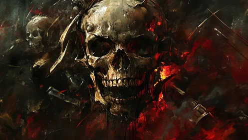 Skull engulfed in infernal flames amid swirling darkness.