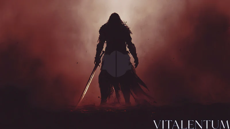 Dark armored warrior silhouette standing in burning fog.
