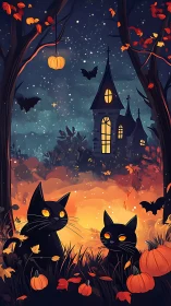 Halloween Night Scene with Black Cats and Haunted House