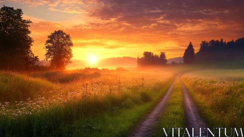 Country dirt road at sunrise through misty summer fields.