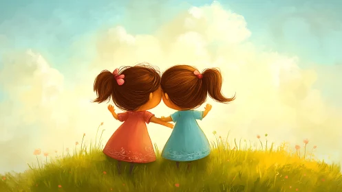 Two Little Girls Holding Hands in Golden Sunshine.