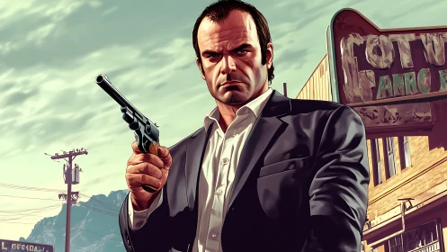 Armed suited antihero in dusty small-town streetscape.