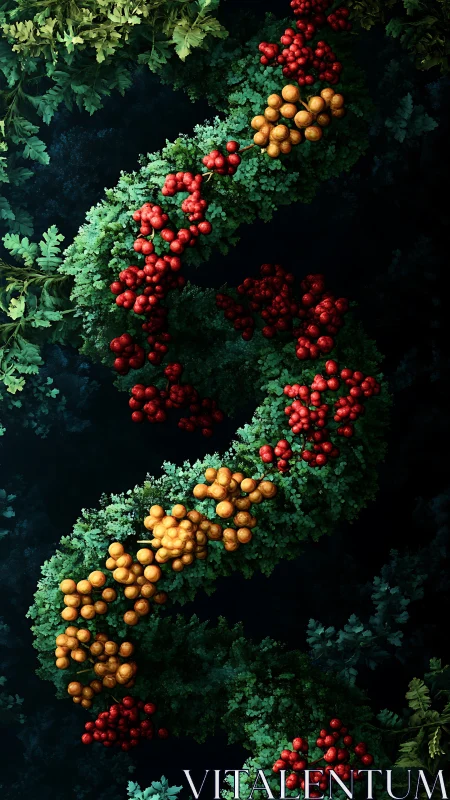 Spiral orchard ribbon of glowing berries over velvet forest.