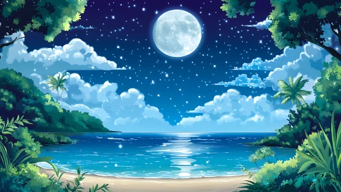 Digital painting of tropical moonlit bay with layered foliage.