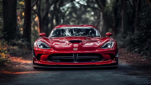 Low-angle frontal view of red sports car in forest corridor