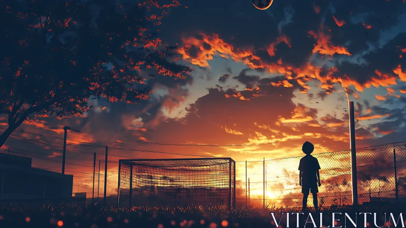 Sunset soccer dream with silhouetted child and glowing sky.