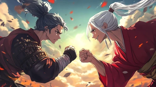 Dynamic anime duel in opposing motion across sunset sky.