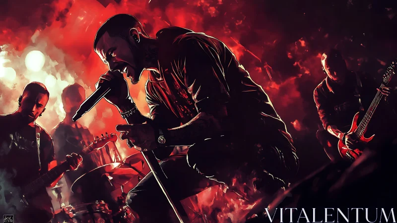 Rock vocalist leading intense red-lit live concert scene.