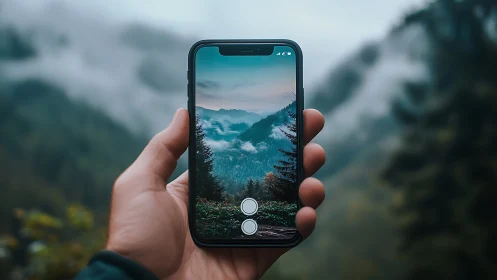 Mountain mist captured through a smartphone lens held aloft.