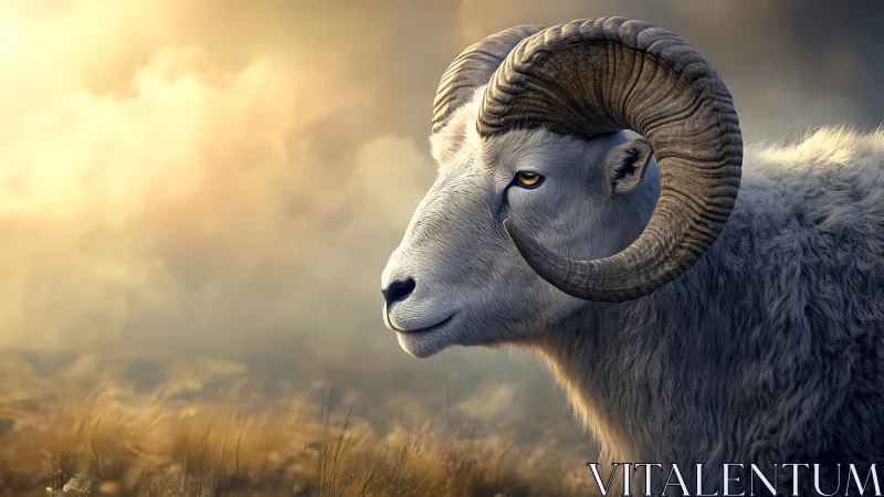 Profile view of horned mountain sheep in soft diffuse light