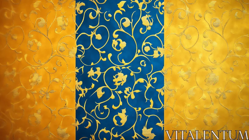 Golden floral swirls dancing on rich blue and amber bands.