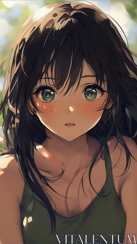 Sunlit garden breeze pauses inside her wide green eyes