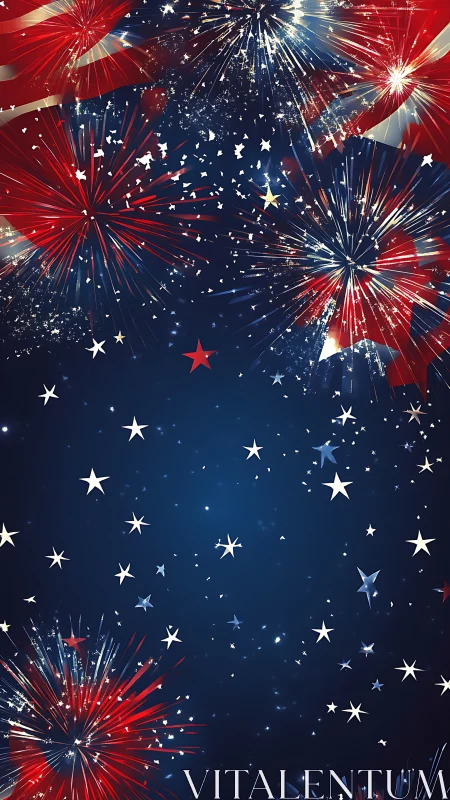 Patriotic fireworks burst over deep blue starfield sky.