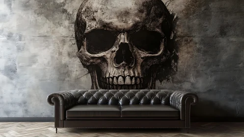 Skull mural dominates industrial wall behind leather sofa.