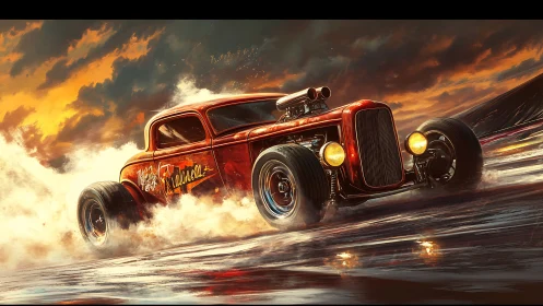 Roaring hot rod slices through stormy sunset streets in style