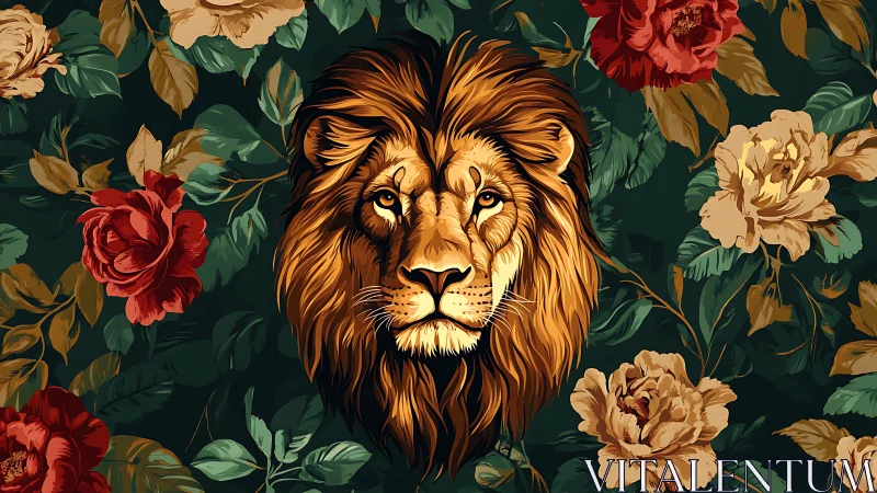 Stylized lion head rendered against dense floral foliage pattern