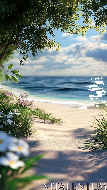 Rendered shoreline scene shows sandy path, flora, and water