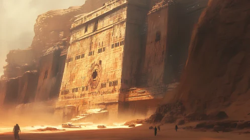 Massive sandstone structure integrates with desert canyon wall