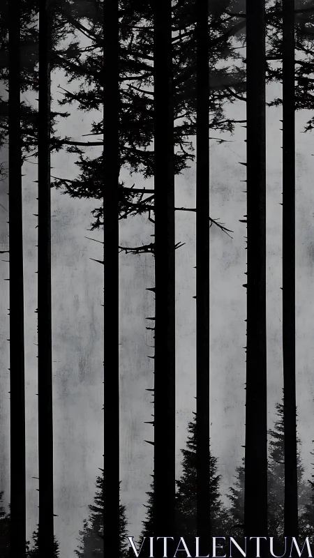 Vertical tree silhouettes in dense monochrome forest mist.