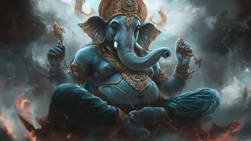 Divine blue elephant deity rendered in dynamic digital aura.