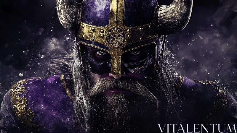 Storm-eyed Viking warlord in burning royal violet armor.
