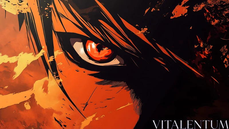 Intense anime eye in fiery orange abstract composition.