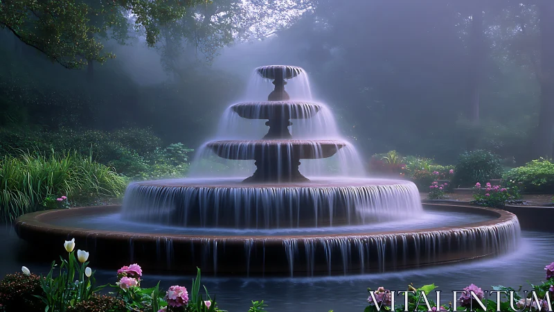 Tiered garden fountain pours soft cascades into misty pool