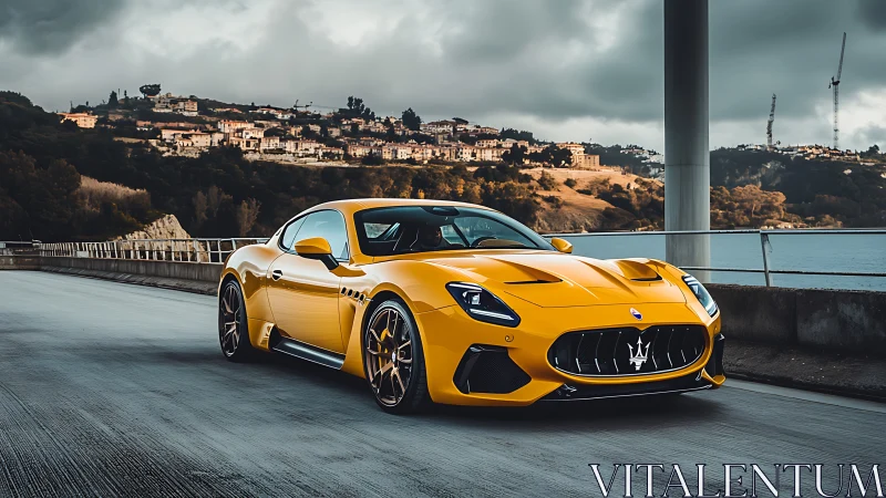 Sunlit yellow supercar prowls a coastal bridge before storm