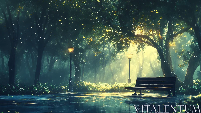 Moonlit Park Bench Beneath Glowing Forest Canopy.