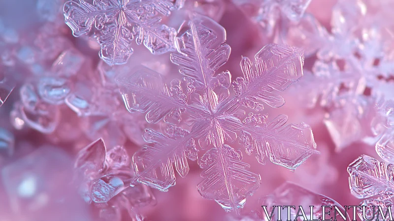 Macro crystalline snowflake geometry on rose-tinted ice field.