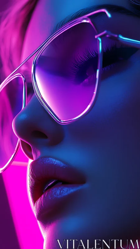 Close-up neon portrait with reflective purple sunglasses.